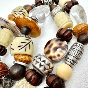 Coldwater Creek Multicolor Beaded Necklace Wood Metal Tortoise Shell 28” NEW VTG